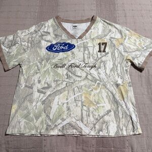 Ford Beige and Green Camo V‑Neck Tee with Logo